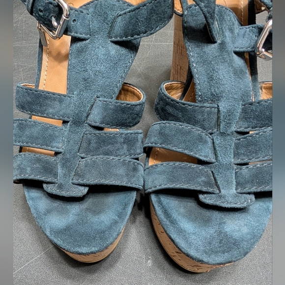Coach Navy Blue Suede Kennedy Cork Wedge Heel Open Toe Ankle Strap Sandals 7.5B - Picture 4 of 11